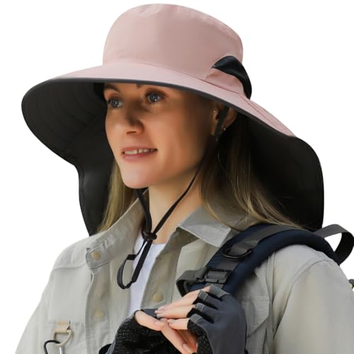 HUAMULAN Women Large Brim Sun Hat with Neck Flap, Men Quick Dry Hiking Fishing Safari Hat UPF 50+ - color: Hyp011-pink