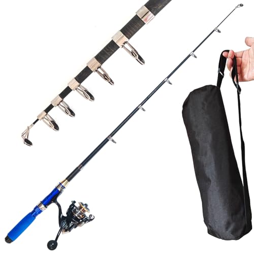 Portable Compact Small Fishing Rod and Reel Combos, 4.9Ft Telescopic Fishing Pole and Metal Spool Reel with Line, Hook, Lure, Bag for All Season Travel Fishing, for Teens & Beginners - color: Blue- Full Kits