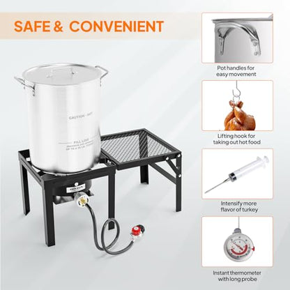 ROVSUN 30QT Turkey Fryer with 55,000BTU Propane Stove, Aluminum Deep Fryer & Seafood Crawfish Boiler Steamer with Basket, Thermometer, Marinade Injector, Turkey Rack & Rack Lifter for Outdoor Cooking - size: 30QT