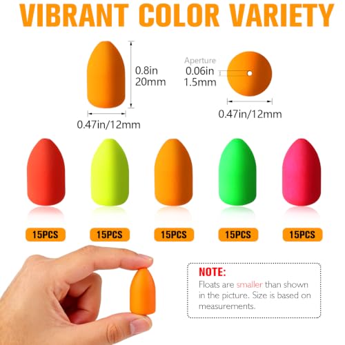 Dovesun 220/104/80/60/54/52/42pcs Pompano Rig Floats for Surf Fishing Foam Bobbers for Fishing Fly Fishing Bobbers Floats Bright Color Kit/Round/Cylindrical/Heart/Bullet/Pill/Spin Shape - color: Bullet V2-75pcs
