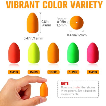 Dovesun 220/104/80/60/54/52/42pcs Pompano Rig Floats for Surf Fishing Foam Bobbers for Fishing Fly Fishing Bobbers Floats Bright Color Kit/Round/Cylindrical/Heart/Bullet/Pill/Spin Shape - color: Bullet V2-75pcs