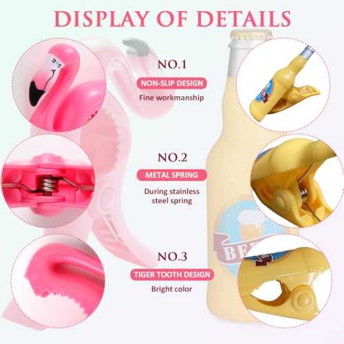 8 Pack Beach Towel Clips, Towel Clamp for Chairs Cruise Home Pool | Towel Clip for Beach Chairs Flamingo Parrot Beer Bottle Sunglasses Design - color: Pink & Yellow