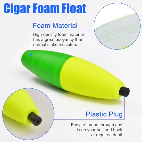 SILANON Peg Floats Fishing Bobbers,Foam Cigar Fishing Floats Bobbers Catfish Floats Slip Fishing Cork Bobbers with Pipe Plug for Catfish Santee Rig Freshwater Saltwater Fishing - size: 2 inch, style: Yellow-Green-30pcs