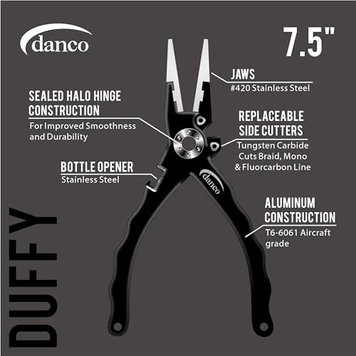 danco duffy 7.5-inch Fishing Pliers with Replaceable Line Cutters, Aircraft Grade Aluminum Fishing Gear, Saltwater Resistant Fishing Tools, Rubberized Paint Coating (Black) - color: Black