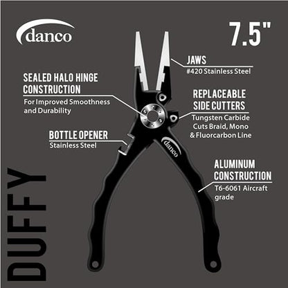 danco duffy 7.5-inch Fishing Pliers with Replaceable Line Cutters, Aircraft Grade Aluminum Fishing Gear, Saltwater Resistant Fishing Tools, Rubberized Paint Coating (Black) - color: Black