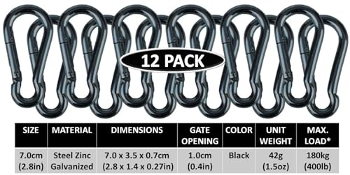 Black & Silver Zinc-Galvanized Heavy Duty Bushcraft Carabiner Spring Snap Clip Link Hooks 200-500lb Load 2, 6 & 12 Packs - color: 7cm (2.8in) Black 12 Pack