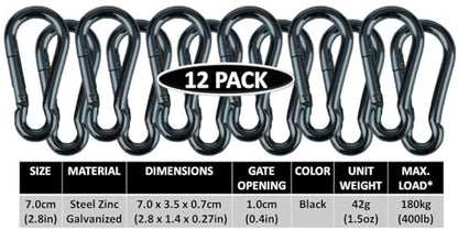 Black & Silver Zinc-Galvanized Heavy Duty Bushcraft Carabiner Spring Snap Clip Link Hooks 200-500lb Load 2, 6 & 12 Packs - color: 7cm (2.8in) Black 12 Pack