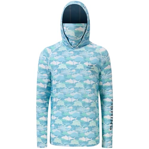 BASSDASH Men’s UPF 50+ Hooded Breathable Camo Shirts with Face Mask Lightweight Neck Gaiter Fishing Hiking Hoodie Shirt FS51M - color: Fish Camo, size: Medium