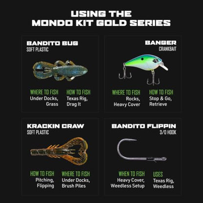 Googan Squad Mondo Kit Bass Fishing Lure Sets for Largemouth & Smallmouth Bass – Includes Premium Tackle & Mystery Box Essentials - color: Gold Series