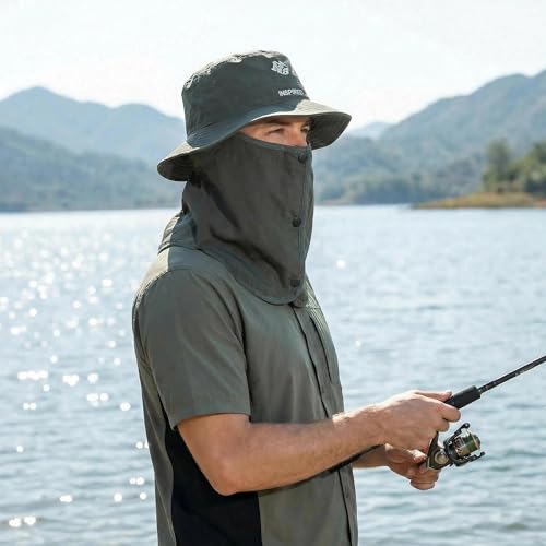 Bucket Hat for Men Women,Waterproof Sun Hat UV Protection with Detachable Face Neck Flap for Outdoors - color: Green
