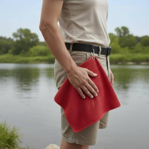 Qianly Fishing Towel Highly Absorbent Weave Towel with Clip Non-Shedding Outdoor Gear for Fishermen, Red - color: Red