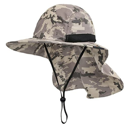 SUN CUBE UPF50+ Sun Hat for Men Women with Neck Flap, Wide Brim UV Protection Fishing Safari Hat for Hiking Beach Gardening - color: Gray Camo