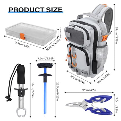 Fishing Backpack with Tackle Boxes,Waterproof Fishing Shoulder Bag with Rod Holder,Fish Bag with 136 Pcs Fishing Lures Kit,Fish Hook Remover Tool,Fish Lip Gripper,Fishing Plier,Gifts for Men (Gray) - color: Gray