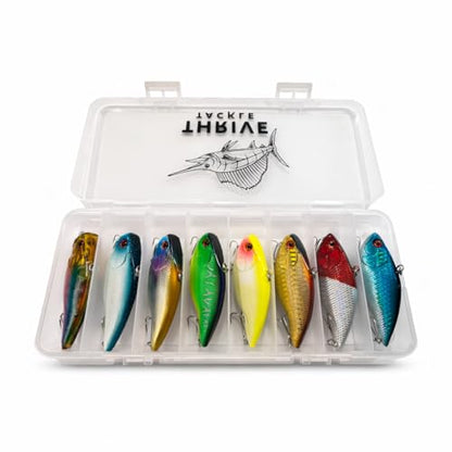 8-Piece Lipless Crankbait Vib Fishing Lure Set with Tackle Box - Rattle Bait VIB Lures for Freshwater and Saltwater Bass Fishing - Vibrating Hard Baits with Treble Hooks | Thrive Tackle