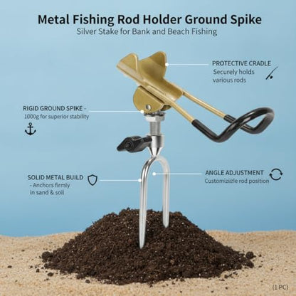 Beach and Bank Fishing Setup: Silver Metal Ground Spike Rod Holder for Sand or Soil (1 Piece)
