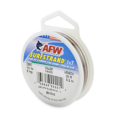 American Fishing Wire Surfstrand Bare 1x7 Stainless Steel Leader Wire - Fishing Leader Line for Saltwater, 20lb Test - 325lb Test in Bright, Camo in 30ft, 300ft, 600ft and 1,000ft Lengths - color: Camo, size: 10 lb / 30 ft