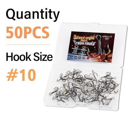 Dovesun Fishing Treble Hooks Outward-Angled Point 3X Strong Professional V Triple Fishing Hooks for Saltwater and Freshwater 50PCS Size #10#8#6#4#2 - size: #10 * 50PCS
