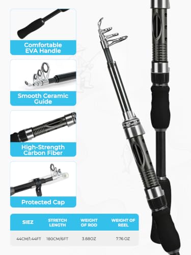 6Ft Fishing Rod and Reel Combo - 24T Carbon Fiber Telescopic Fishing Pole with Spinning Reel 5.2:1 Gear Ratio - Fishing Kit with Lures, Line, Fish Gripper, Plier & Carrier Bag for Beginner Adults - size: 6FT-Full Kit