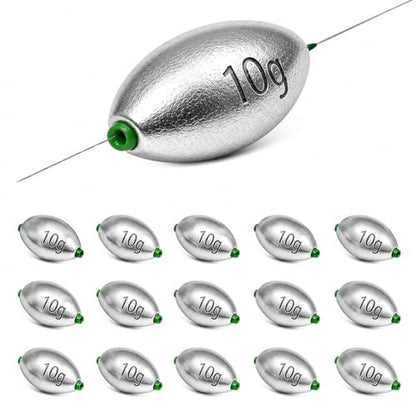 Egg Sinkers Fishing Weights with Plastic Core, Oval Lead Slip Sinker Set for Bass Catfish Saltwater Freshwater, Line Protecting Sliding Weights Tackle Kit (7g 10g 15g 20g) - size: 10g-15 pcs