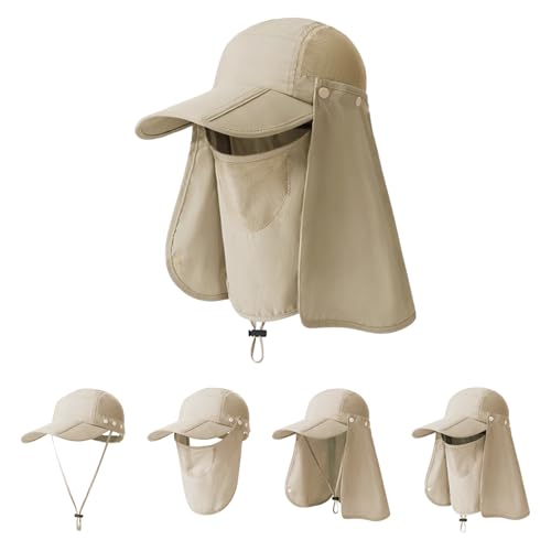 Foldable Baseball Cap with Detachable Neck Flap and Face Cover Portable Sun Hat Fishing Hats for Men Women - color: Khaki