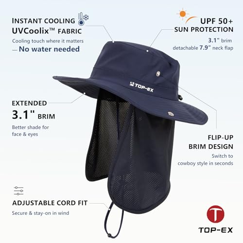 Unisex UVCoolix™ Cooling Sun Hat with Detachable Neck Flap | UPF 50+ Protection, Wide Brim Bucket Hat for Hiking, Fishing & Big Heads - color: Navy Blue, size: Large-X-Large