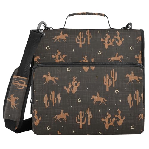 Western Cowboy Black Zipper Binder Bag 3 Ring with Shoulder Strap Zippered Binder Fits 13 Inch Laptop File Folder Document Organizer for College Office Supplies - color: Western Cowboy Black