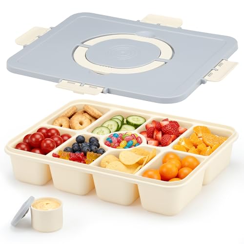 Snackle Box Container, Divided Serving Tray with Lid and Handle, 9 Compartments Snack Box Container for Adults, Portable Charcuterie Serving Platter for Candy Fruit, 9.9 Cups, White Grey - color: White Grey
