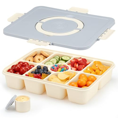 Snackle Box Container, Divided Serving Tray with Lid and Handle, 9 Compartments Snack Box Container for Adults, Portable Charcuterie Serving Platter for Candy Fruit, 9.9 Cups, White Grey - color: White Grey