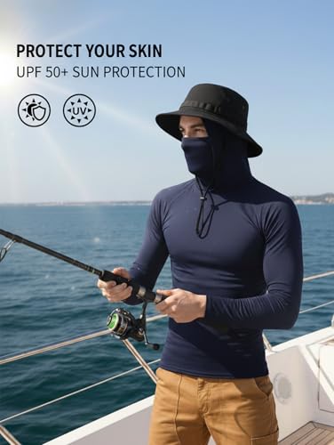 3/6 Pack Mens Sun Protection Fishing Hoodie with Face Mask UPF 50+ Long Sleeve Compression Work Shirt Construction Quick Dry - color: 3 Pack【loose Fit】balck, size: 3X-Large