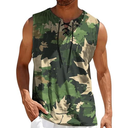 MARSVOVO Mens Print V-Neck Tank Tops Casual Lace-Up Loose Fit Graphic Vest Lightweight Breathable Sleeveless Shirts - color: Pattern a, size: XX-Large