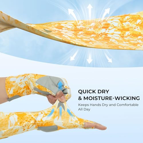 KastKing Agies Fishing Gloves Men, UPF 50+ Sun Gloves UV Protection, Cooling Quick-Dry 3/4 Fingerless Gloves with Extended Cuff, Microfiber Palm & Pull Tabs, for Fishing, Kayaking, Hiking, Hunting - color: X Camo-Mahi, size: Small-Medium
