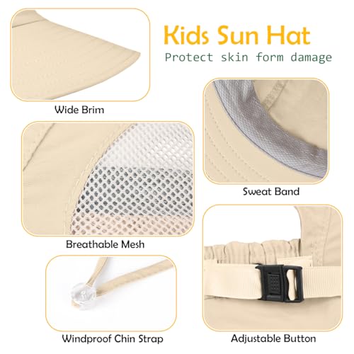 Kids Sun Hat UPF50+ Summer Beach Play Sun Protection Hats with Neck Flap for Ages 5~14 Girls Boys - color: Beige