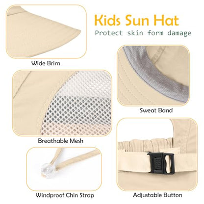 Kids Sun Hat UPF50+ Summer Beach Play Sun Protection Hats with Neck Flap for Ages 5~14 Girls Boys - color: Beige