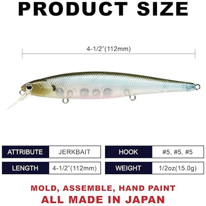 LUCKY CRAFT Slender Pointer 112 MR Fishing Lure, 4.5" Suspending Jerkbait, 4-5 ft Depth, Long Casting, Freshwater Trout and Bass Lures, Bass Fishing Gear and Tournament Hard Bait - color: 538 NC Ghost Minnow