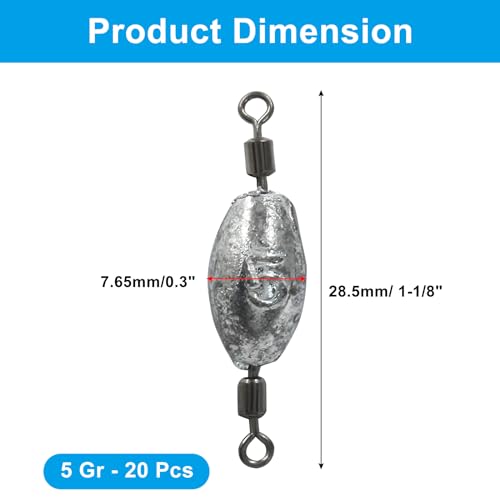 Uenhoy Fishing Weights Inline Trolling Fishing Sinker Tackle with Inner Swivels, Oval Drop Casting Fishing Weight Sinkers - size: 1/6 oz, 20pcs