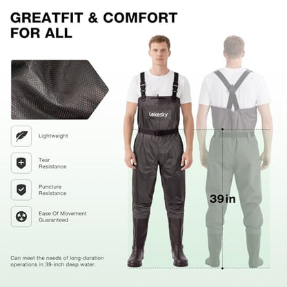 Lekesky Fly Fishing Chest Waders with Boots for Men Women, US Sizes 5–14,2-Ply Nylon/Pvc Waterproof Waders - color: Brown, size: M7/W9