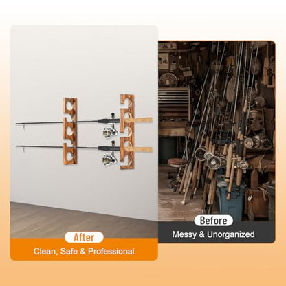 PEKER Fishing Rod Holder for Wall, Solid Wood Wall Mount Fishing Rod Rack for 5 Poles, Secure Rod Storage Organizer for Garage, Fishing Room, Home – No Tangling & Space Saving