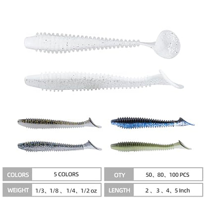Paddle Tail Swimbaits 100/80/50PCS, 5/4/3/2 inch Soft Fishing Lures Bulk Pack – Durable Lifelike Action Lures for Bass, Trout, Crappie – Freshwater & Saltwater Fishing Gifts - color: White Pearl, size: 4in, 80pcs