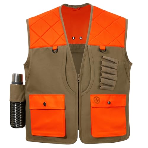 BASSDASH Upland Game Field Water-Resistant Bird Hunting Vest with Multi Pockets Men Women FV11 - color: Dark Khaki/Blaze Orange, size: Medium