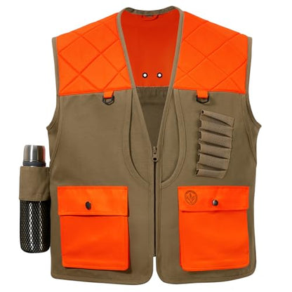 BASSDASH Upland Game Field Water-Resistant Bird Hunting Vest with Multi Pockets Men Women FV11 - color: Dark Khaki/Blaze Orange, size: Medium