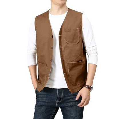 PRIJOUHE Men's Casual Outdoor Cotton Vest Lightweight Breathable Multi-Pocket Fishing Safari Travel Vests Outwear - color: 02-brown, size: Small