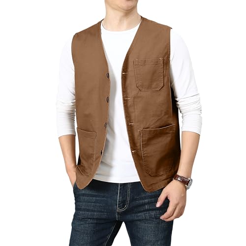 PRIJOUHE Men's Casual Outdoor Cotton Vest Lightweight Breathable Multi-Pocket Fishing Safari Travel Vests Outwear - color: 02-brown, size: Medium