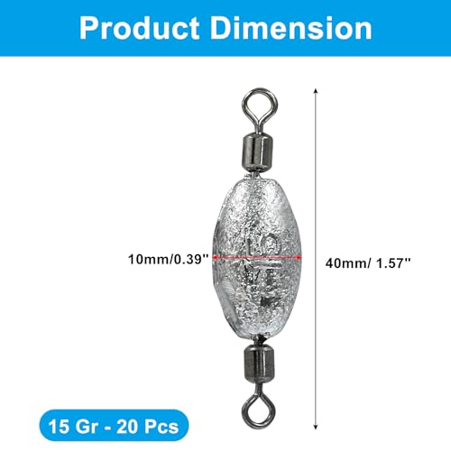 Uenhoy Fishing Weights Inline Trolling Fishing Sinker Tackle with Inner Swivels, Oval Drop Casting Fishing Weight Sinkers - size: 1/2 oz, 20pcs