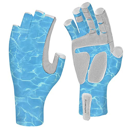 EDSRDUX UPF 50+ Fishing Gloves for Men Women, Long Cuff Fingerless Sun Gloves, Breathable Kayaking Sailing Sunscreen Gloves - color: Blue WaterRipple, size: X-Large