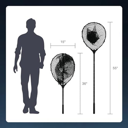 Black Paw Fish Landing Net with Soft Rubber Mesh Bag, Large Fishing Net with Built in Length Scale, Extend to 36-55 Inches