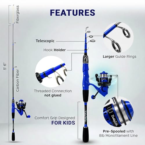 DaddyGoFish Spinning Fishing Rod and Reel Combo Set with Tackle Box | Kids Fishing Pole | Carbon Fiber Telescopic Fishing Rod Kit | Spinning Reel for Travel Saltwater Freshwater Fishing Gear Kit - color: Blue