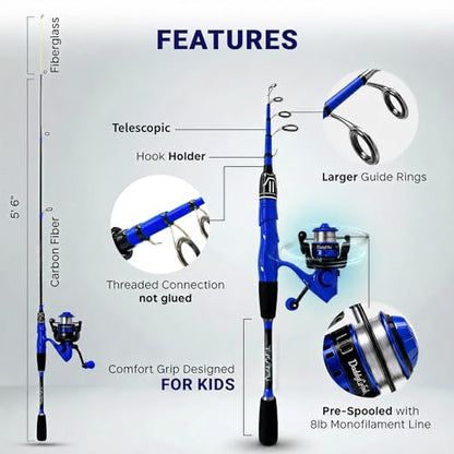 DaddyGoFish Spinning Fishing Rod and Reel Combo Set with Tackle Box | Kids Fishing Pole | Carbon Fiber Telescopic Fishing Rod Kit | Spinning Reel for Travel Saltwater Freshwater Fishing Gear Kit - color: Blue