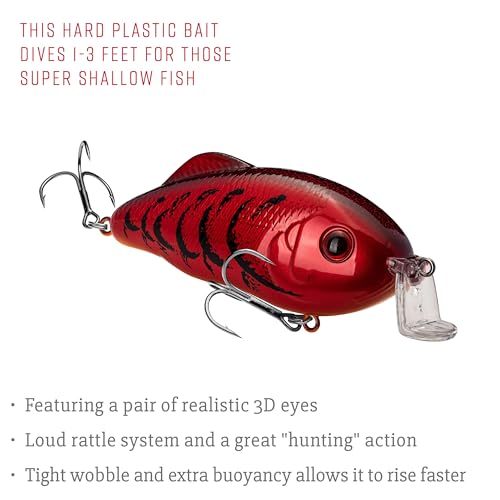 Strike King Hybrid Hunter Shallow Jr. Fishing Lure, Shallow Diving Crankbait, 90-Degree Bill, 3D Eyes, Loud Rattle, Dives 1 to 3-Feet,Size 4 & 6 Treble Hooks - color: Delta Red, size: 1 oz