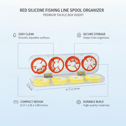 Red Silicone Fishing Line Spool Organizer, Metal Tackle Box Insert for Secure Storage, 8.27 x 2.36 x 0.98 Inches