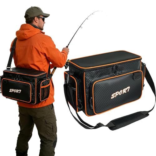Fishing Tackle Box, Waterproof Tackle Trays for Saltwater & Freshwater - Fishing Gear Shoulder Bag For Men (Tackle Boxes Not Included) - color: Black Orange